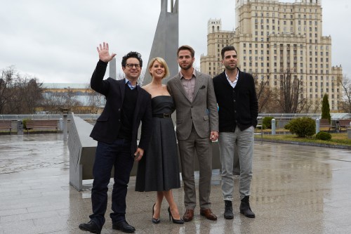 "MOSCOW, RUSSIA - APRIL 25: (L to R) J.J. Abrams, Alice Eve, Chris Pine, Zachary Quinto attend a photo call of the 'Star Trek Into Darkness' Photocall at the Planetarium on April 25, 2013 in Moscow, Russia. (Photo by Kristina Nikishina/Getty Images for Paramount Pictures International))